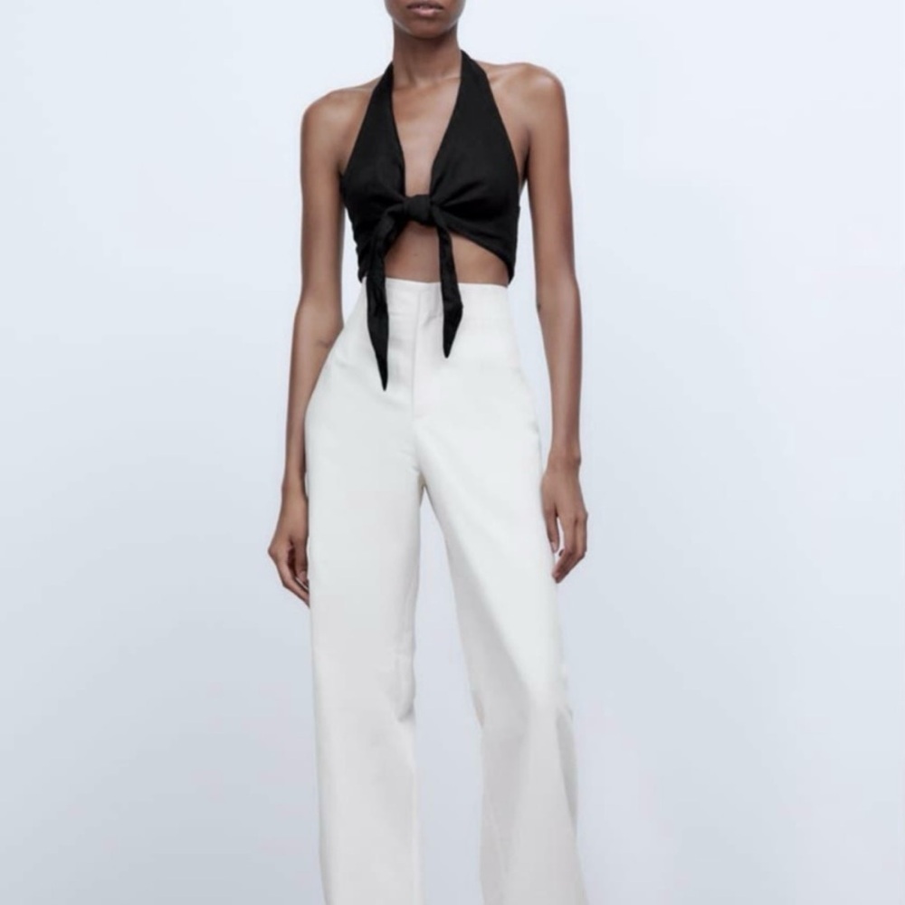 Zara Women’s Black Linen Halter Top w/Tie Front SZ M NWT